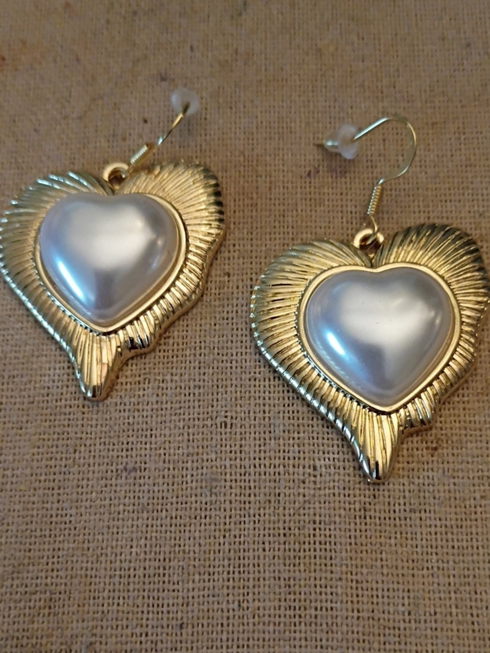 Gold Heart Drop Earrings with Pearlescent Center